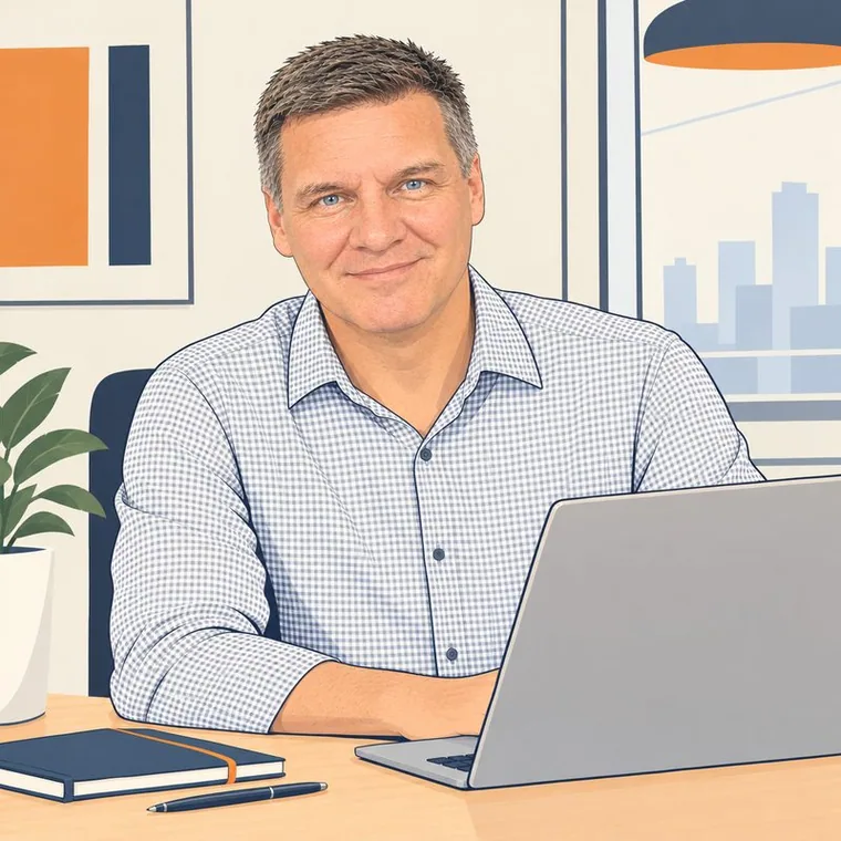 Illustrated portrait of Andy Willett, founder of re-search, at his desk